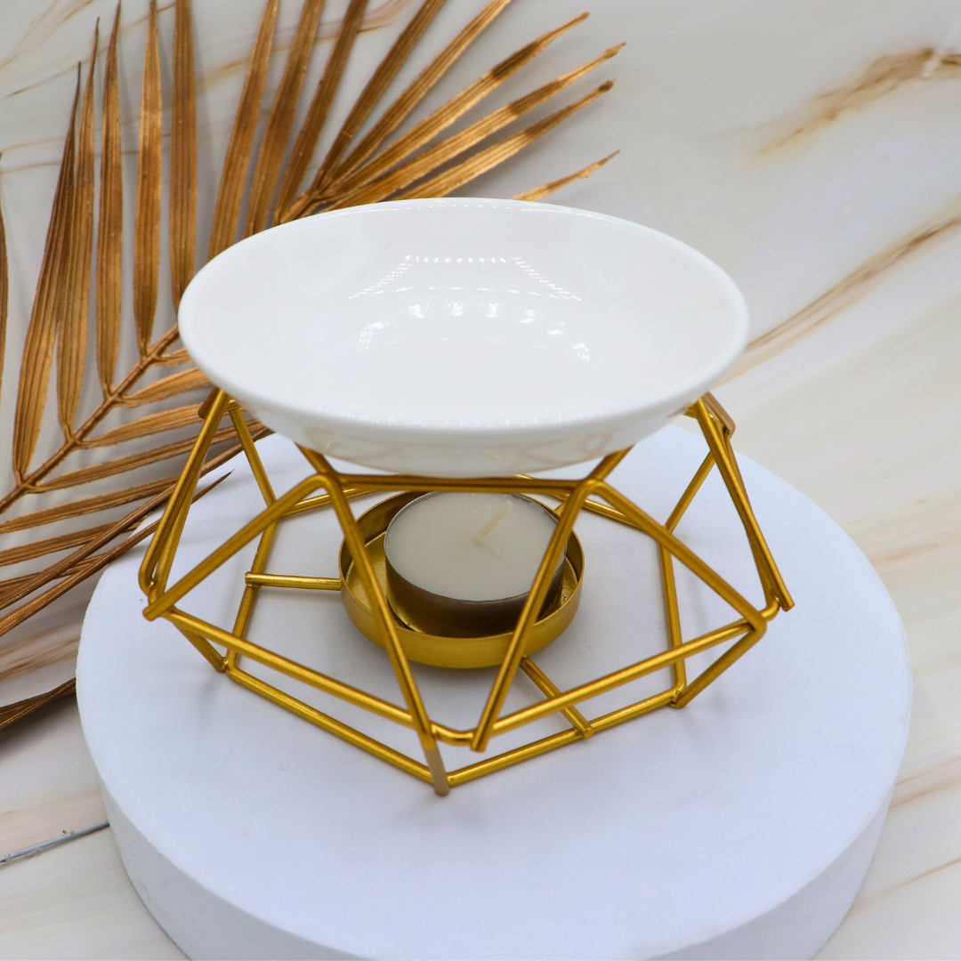 💛 Hornito Decorativo Geométrico – Estructura Dorada + Base Cerámica